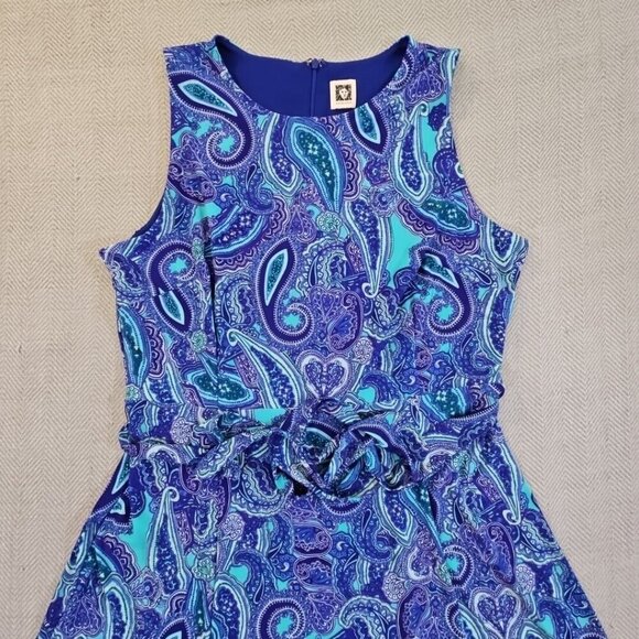 Anne Klein Midi Dress Women's 10 Navy Blue Paisley Belted Sleeveless Stretch Zip - Picture 2 of 9